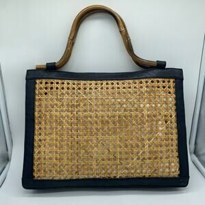 Sarah Stewart Black Brown Reece Woven Handbag Retro Leather Bamboo Resort